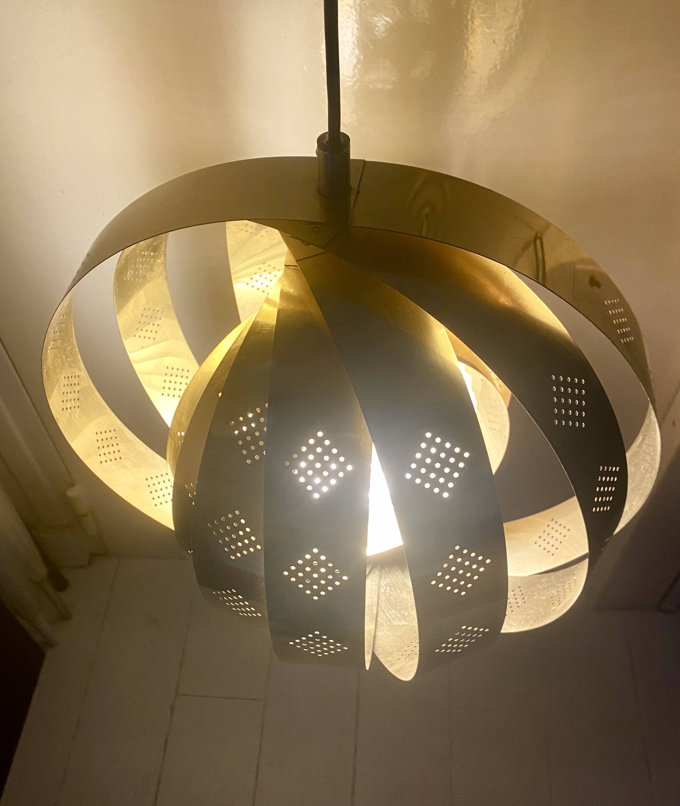 'Moon' pendant lamp, in brass and glass strips, 1970s