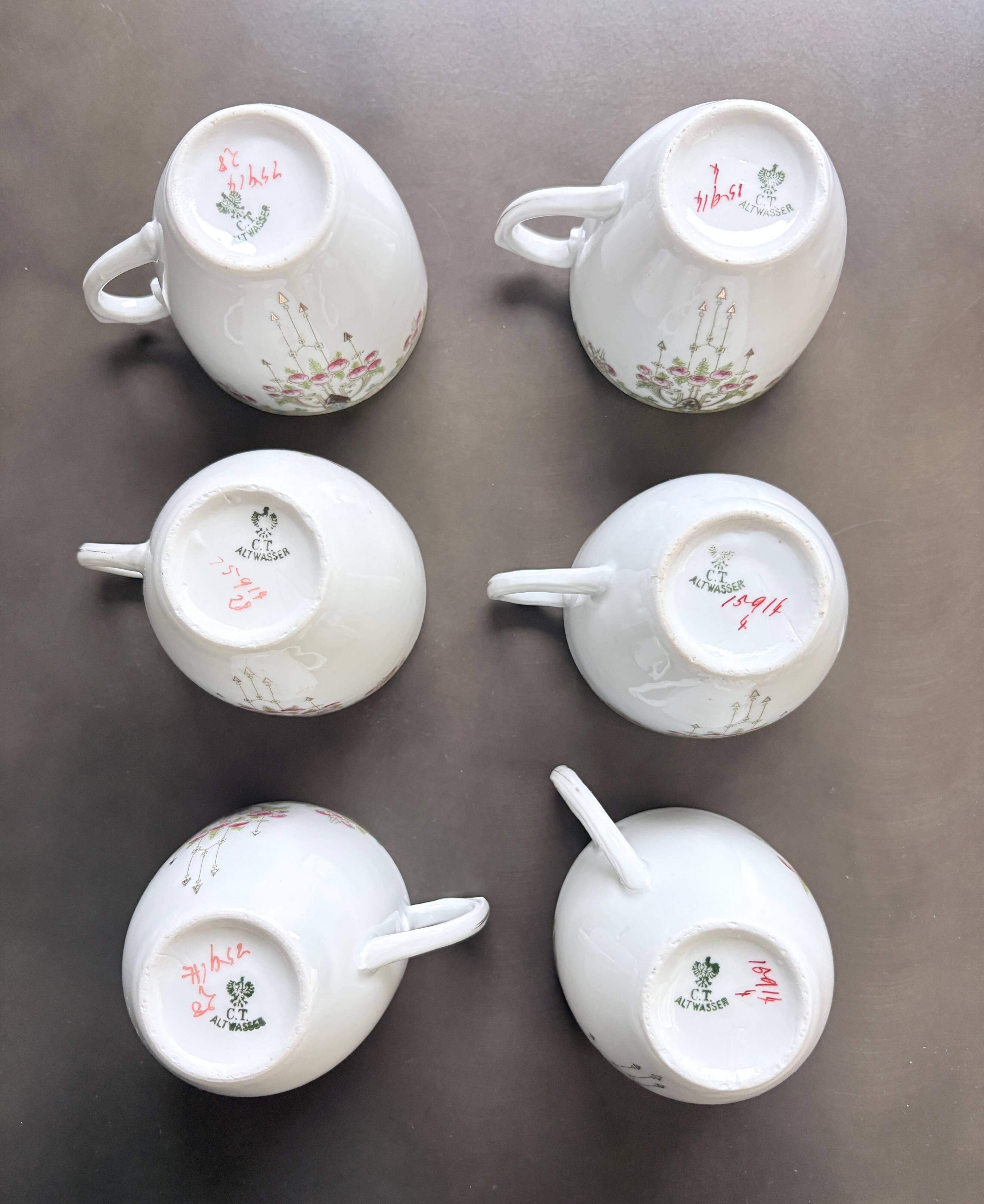 Service of 6 Fine Porcelain Cups with Art Nouveau Rose Decoration