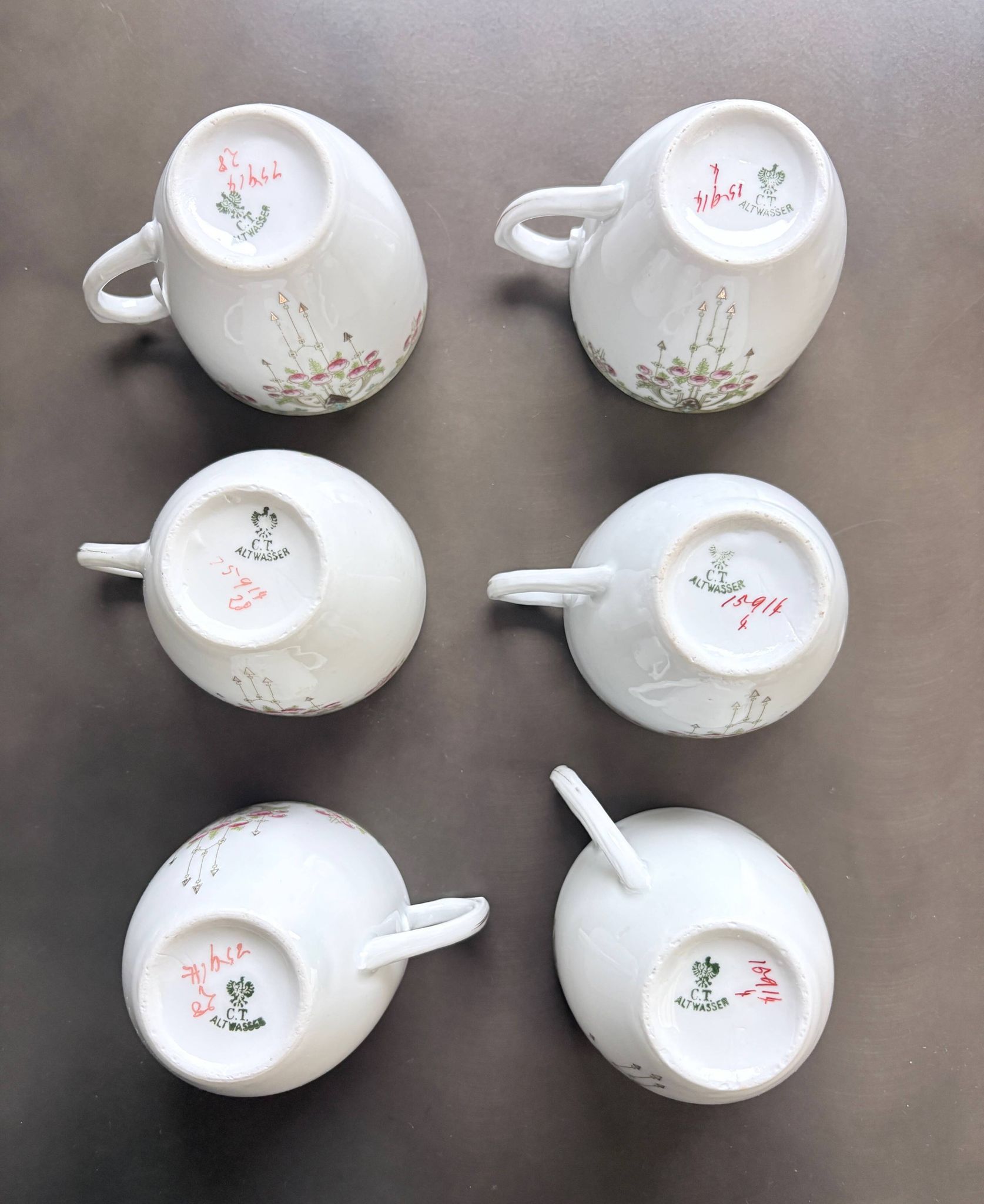 Service of 6 Fine Porcelain Cups with Art Nouveau Rose Decoration