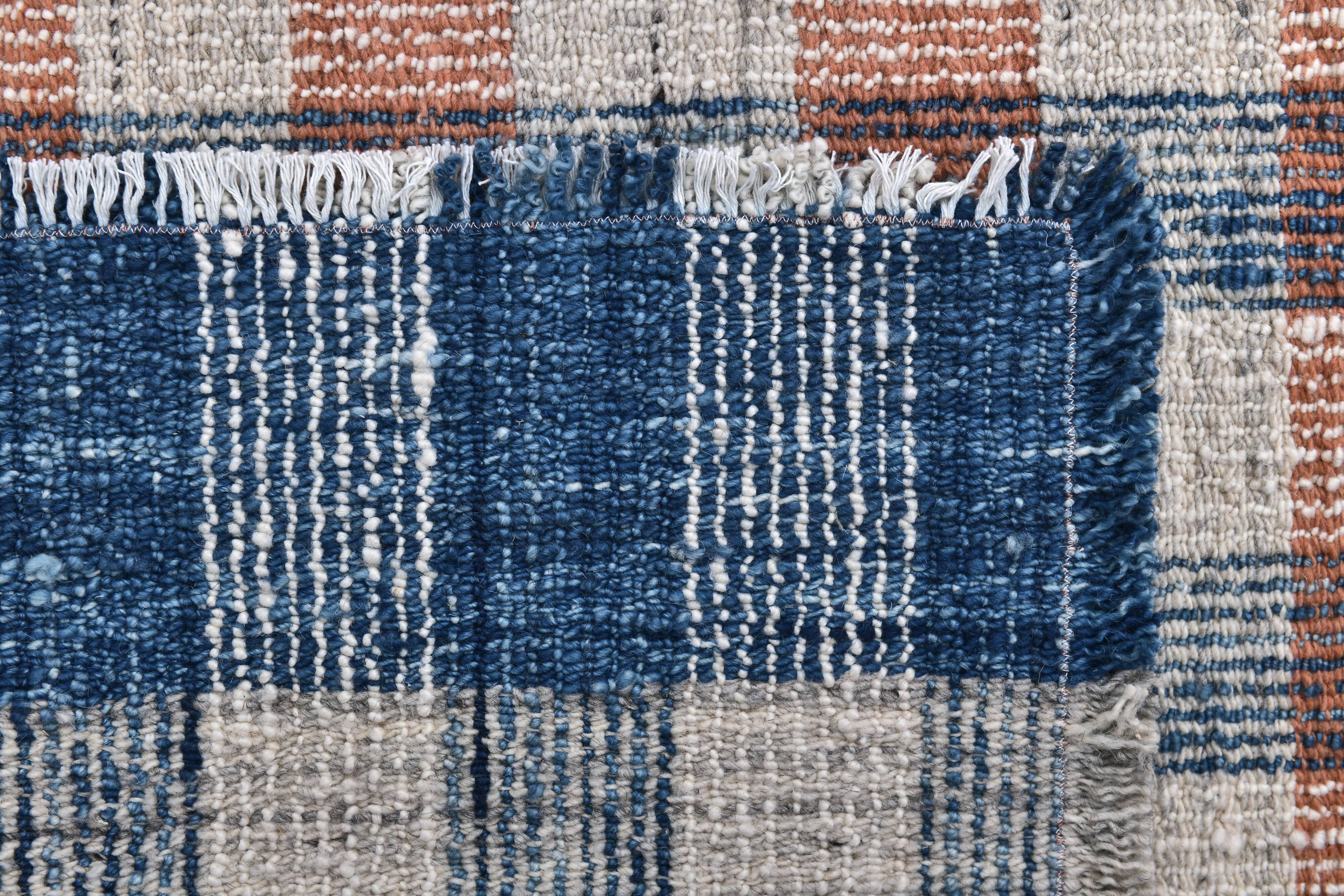 85x325 cm Runner Rug, Blue Terracota Hand made Rug, Made With Wool.