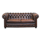 Dark brown flamed cowhide English 2.5 seater Chesterfield sofa
