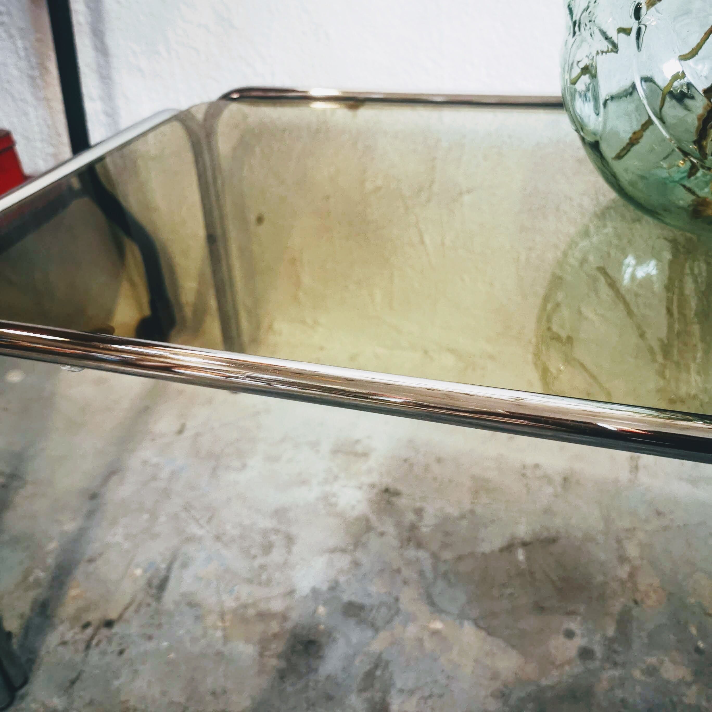 Vintage chrome metal coffee table and smoked glass tray, 70s