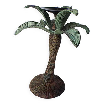 Antique palm tree-shaped candlestick in patinated metal