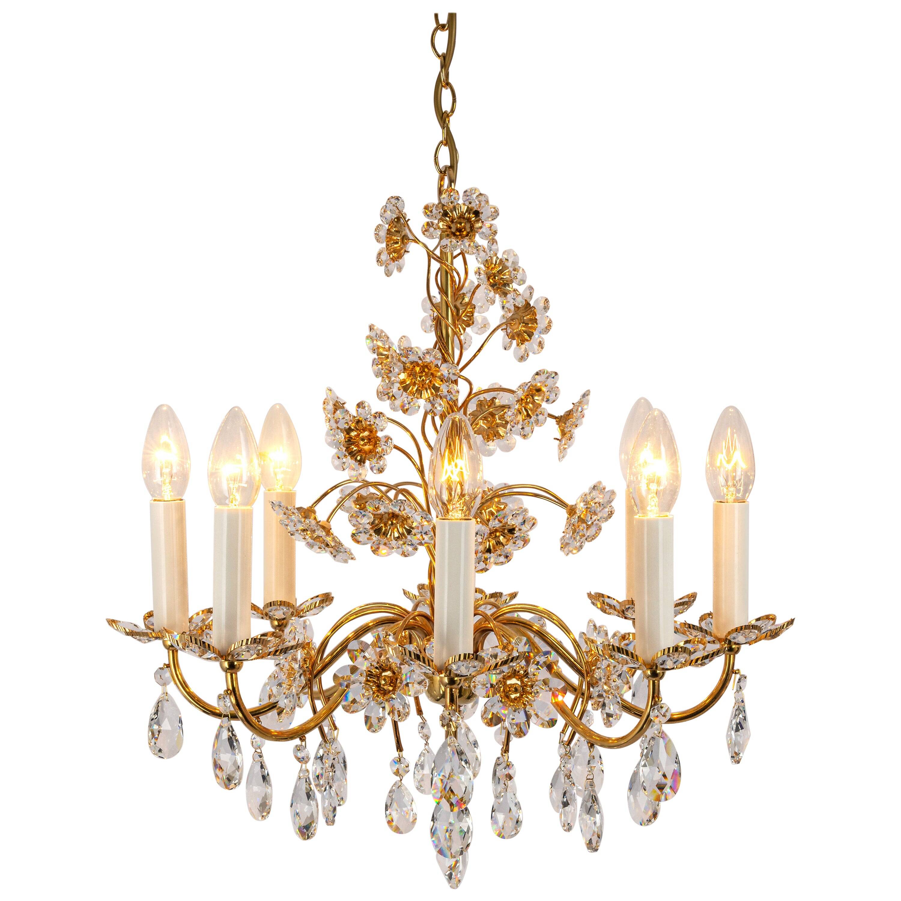 Large flower-shaped chandelier in gilded brass by Palwa, Germany, 1970s.