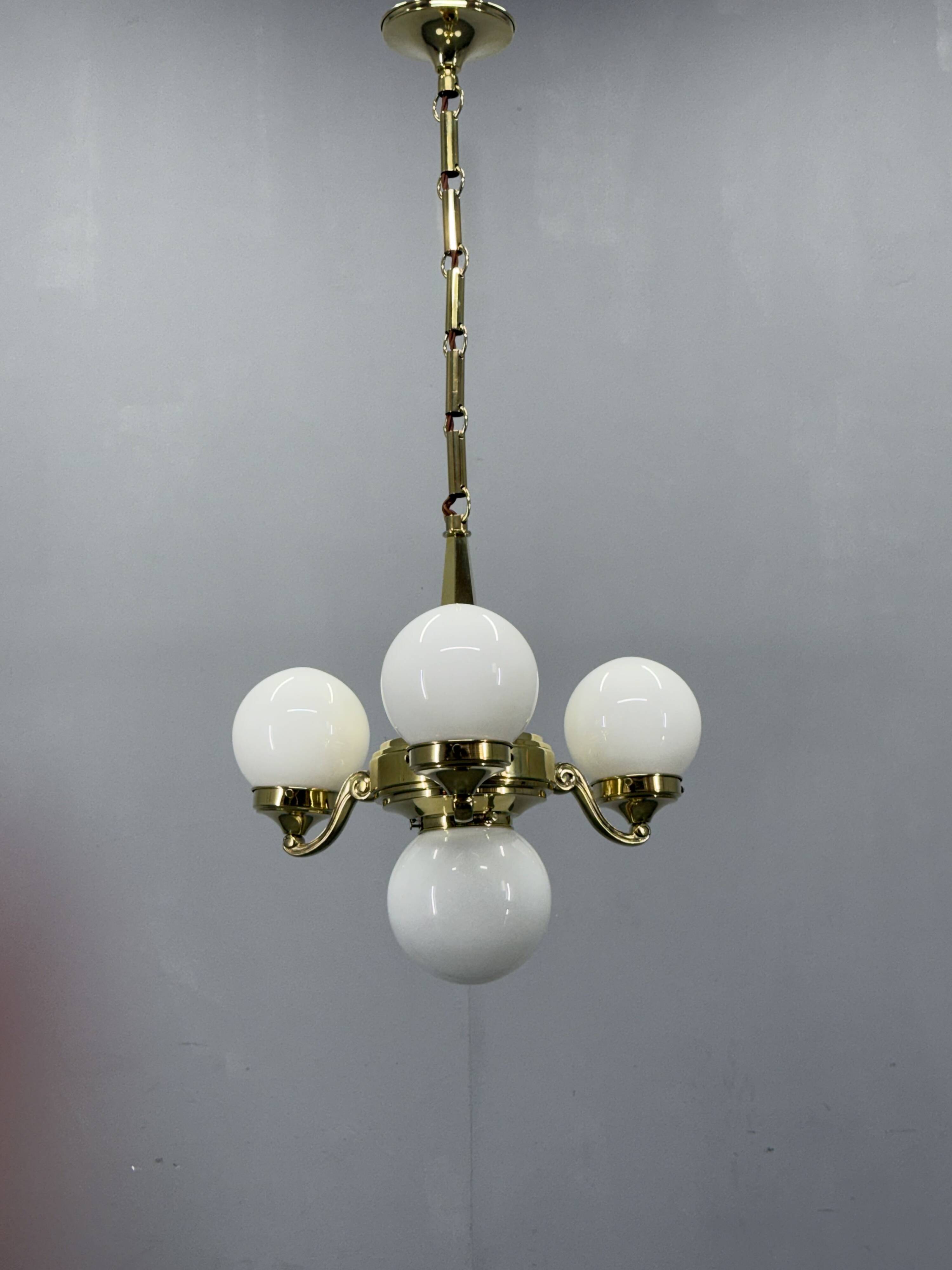 Art Deco Brass and Opaline Glass Chandelier, 1930s