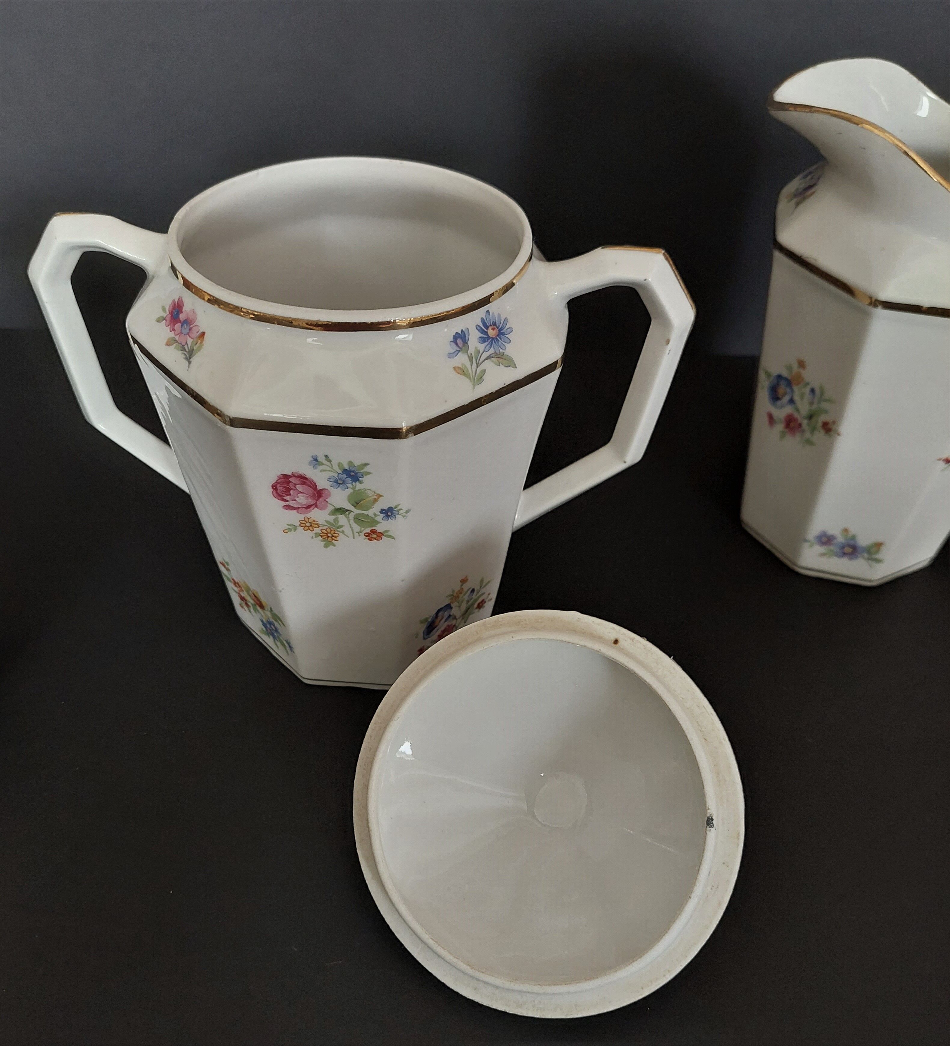 Tea set six cups Limoges porcelain floral decoration