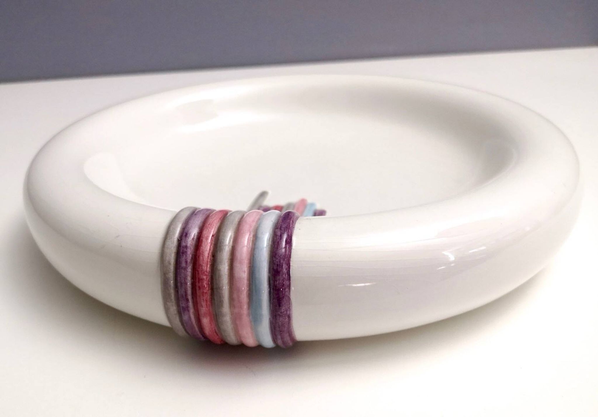 Round White Ceramic Catchall by Ambrogio Pozzi with Hand Painted Details, I