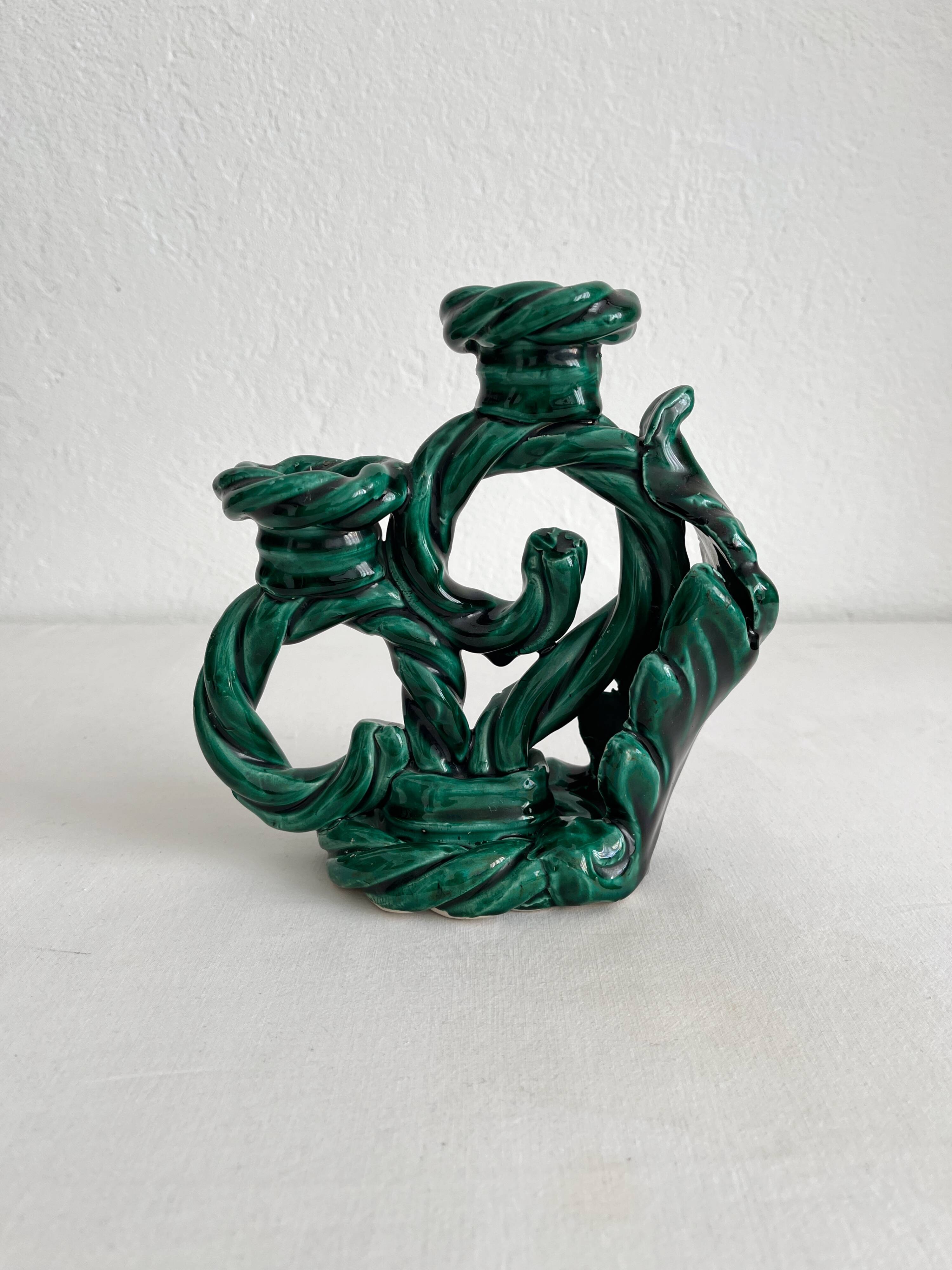 Green vintage woven ceramic candle holder