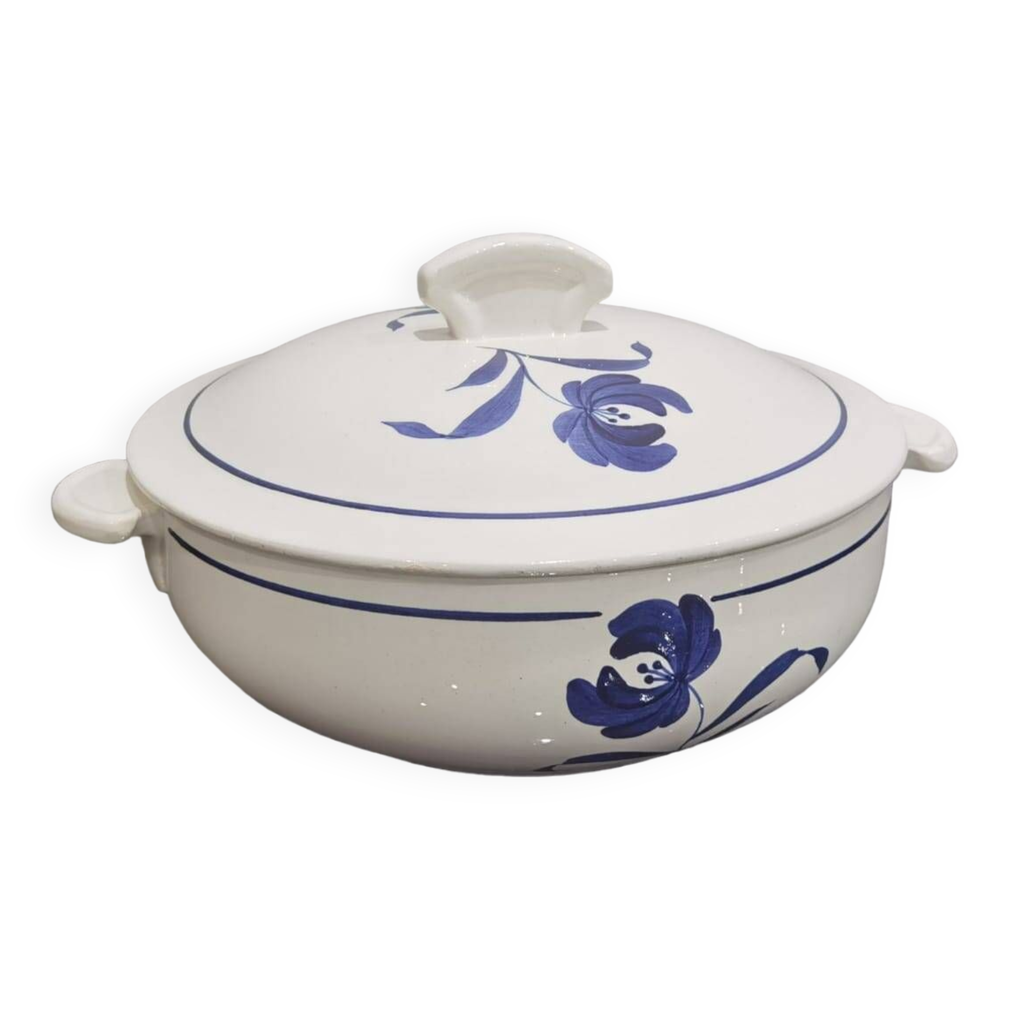 Old earthenware tureen with blue flower, Moulin des loups and hamage France, model