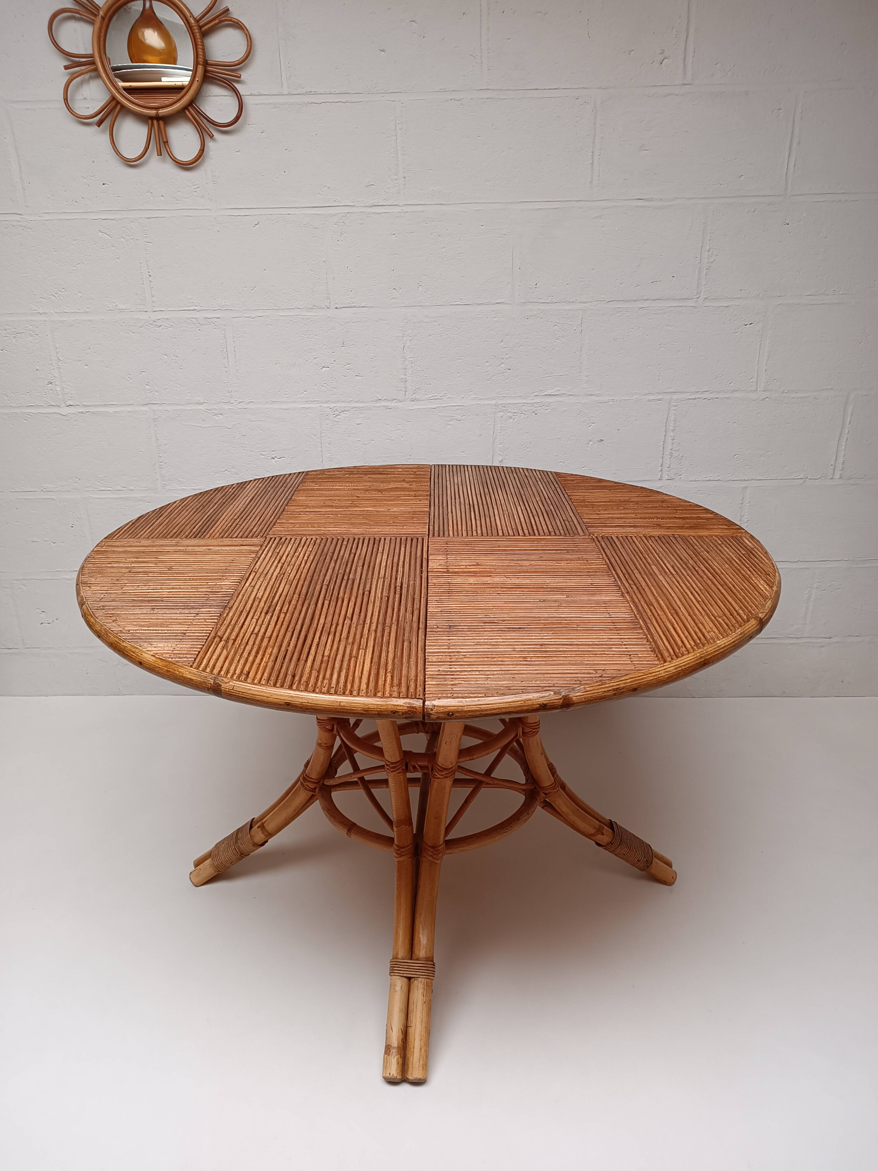 Bamboo table with extensions, 3 chairs and 3 stools from the 1960s.