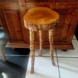 Set of 3 brutalist bar stools in raw wood