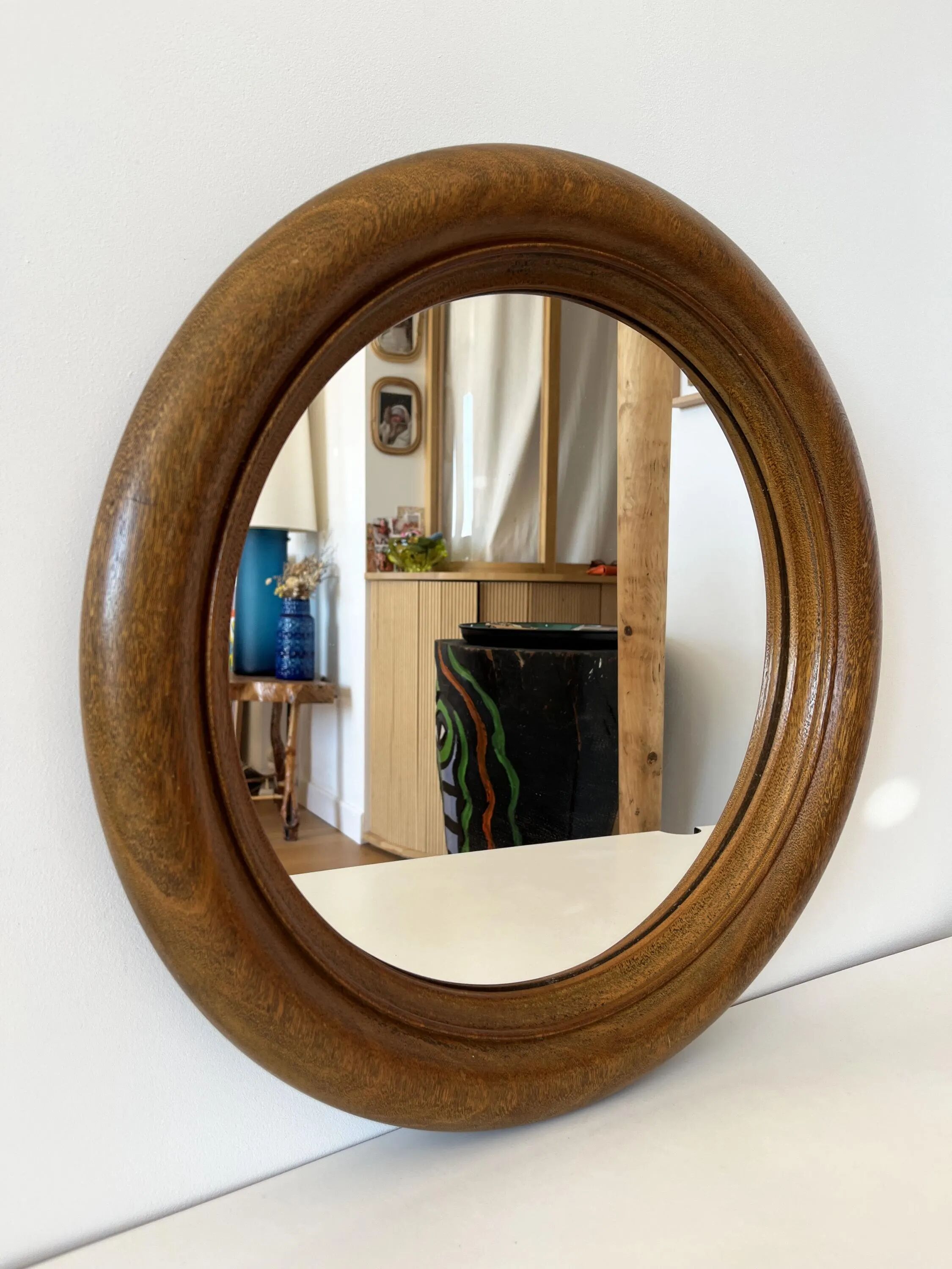 Large round antique solid wood mirror, 49cm