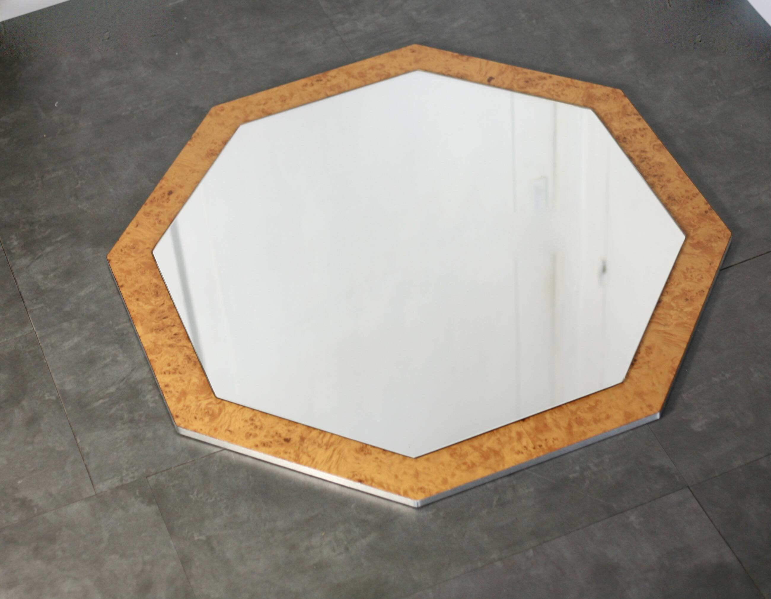 70s mirror, burl wood, metal frame