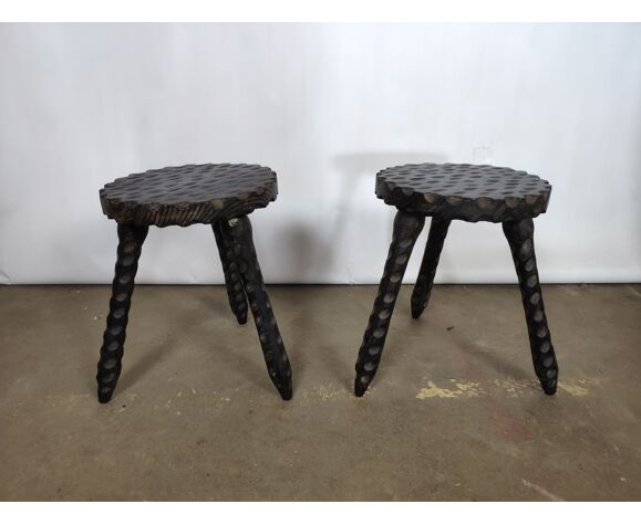 Pair of antique stools in carved solid oak