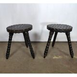 Pair of antique stools in carved solid oak