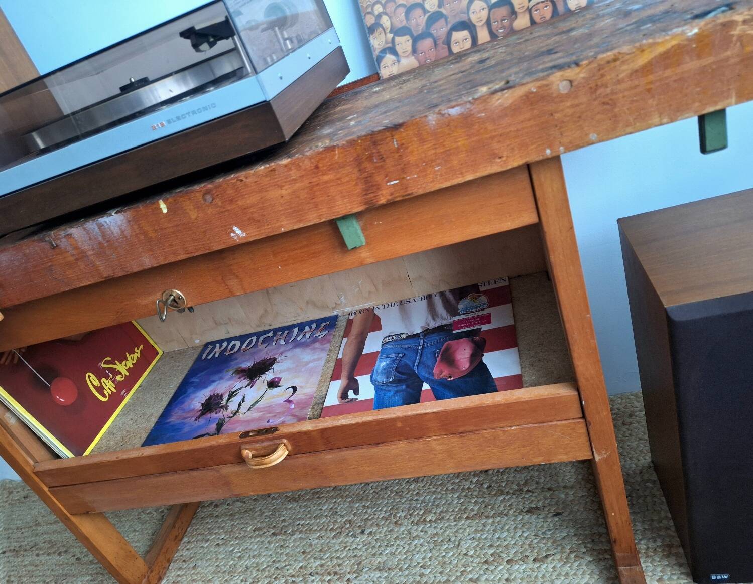 Vintage workbench with vices, antique workshop furniture.