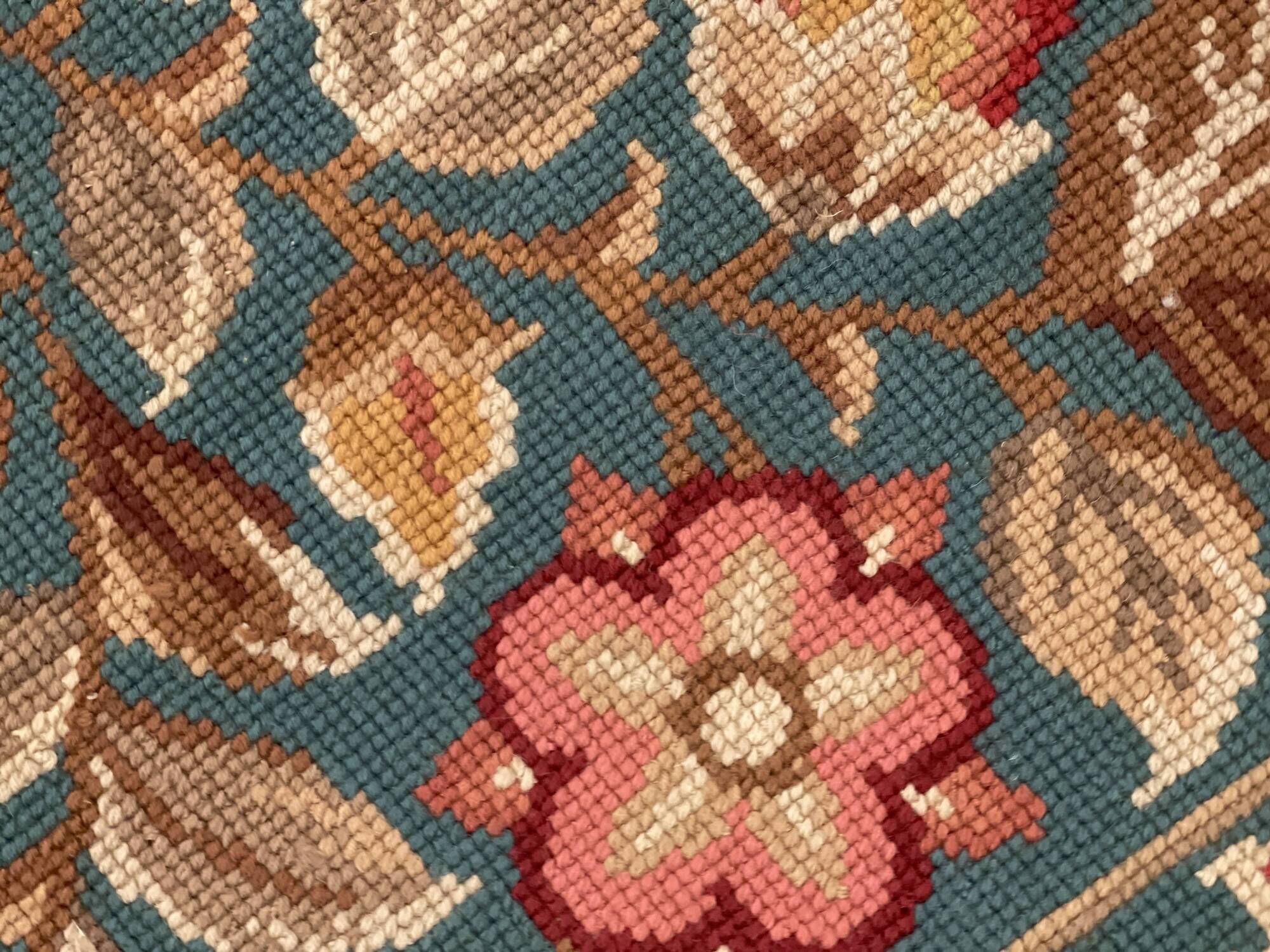Large Floral Needlepoint Rug 217x277cm Teal Green Traditional Flatweave Carpet