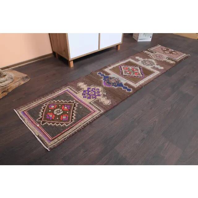 Vintage Turkish Oushak Handmade Wool Cotton Brown Runner Rug 56x235