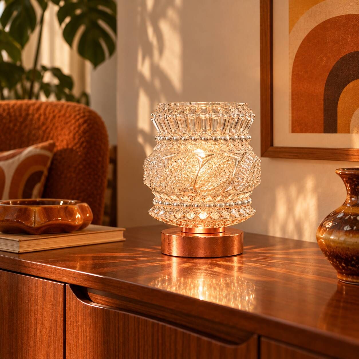 Punkette — Vintage table lamp in transparent glass with rose gold reliefs.