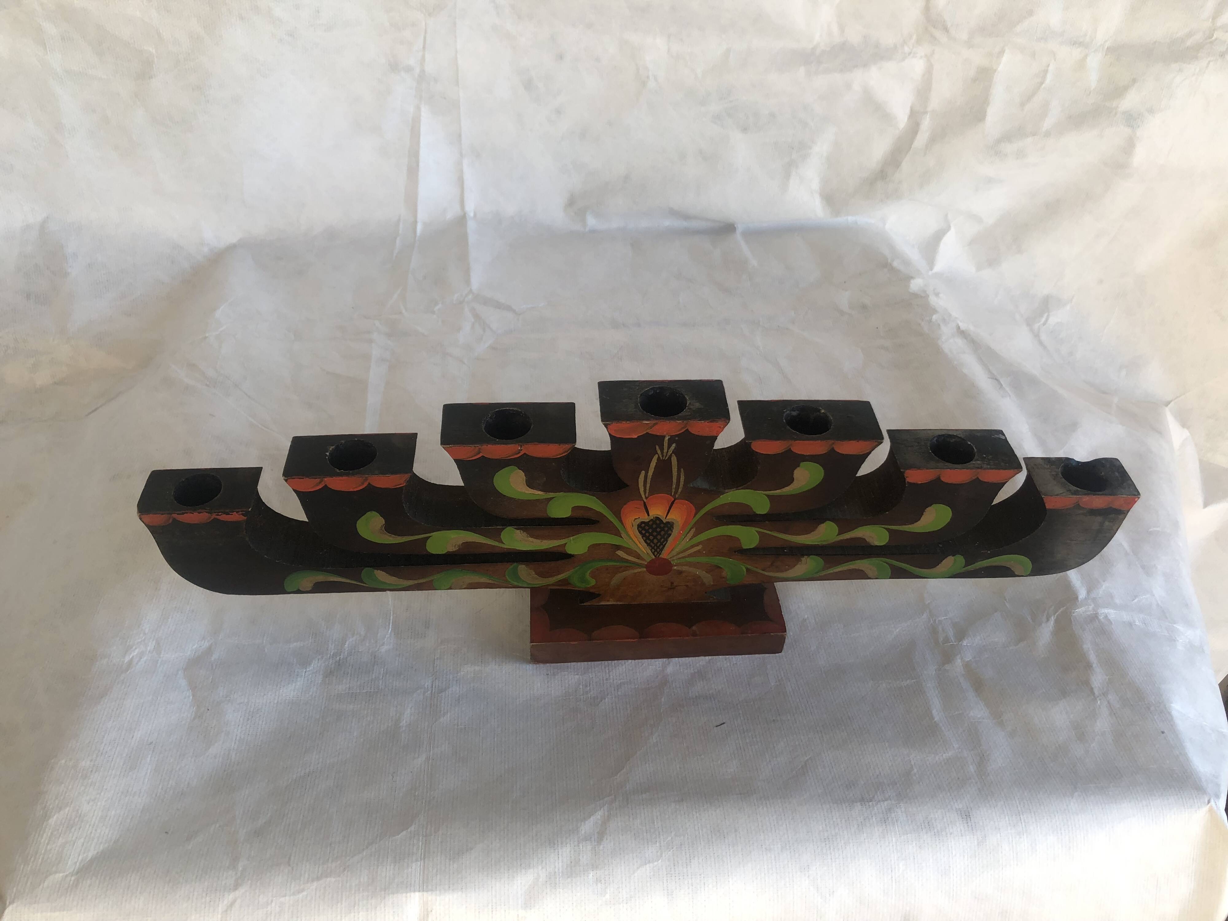 Scandinavian handcrafted painted wooden candlestick