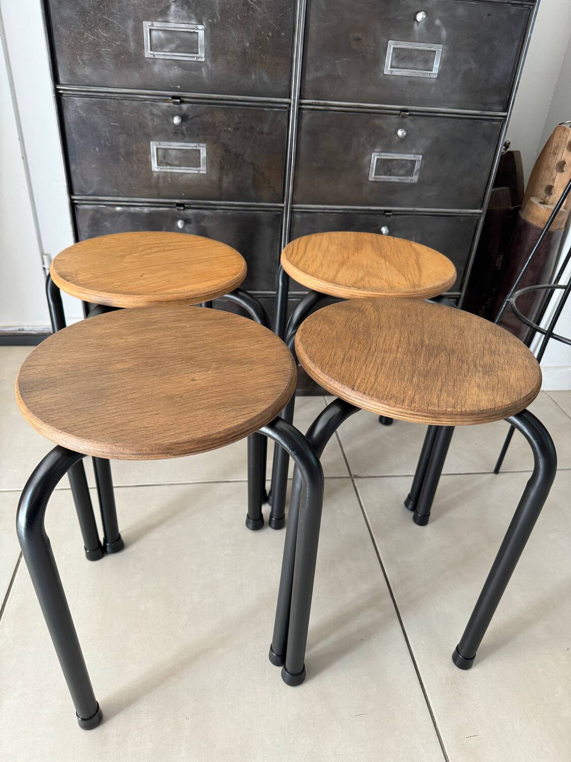 Series of 4 metal and wood school stools
