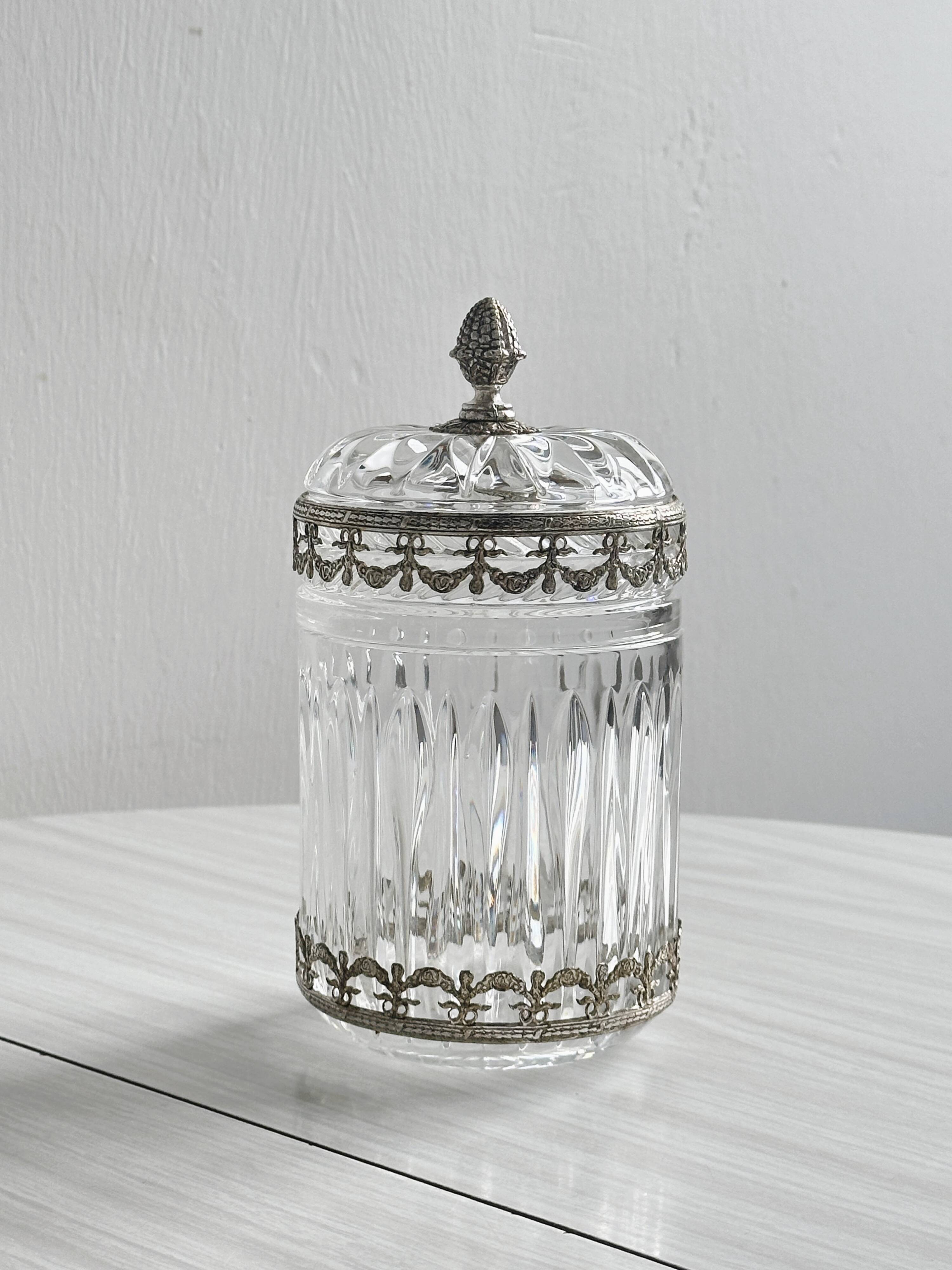 Condiment pot, crystal and metal sugar bowl.