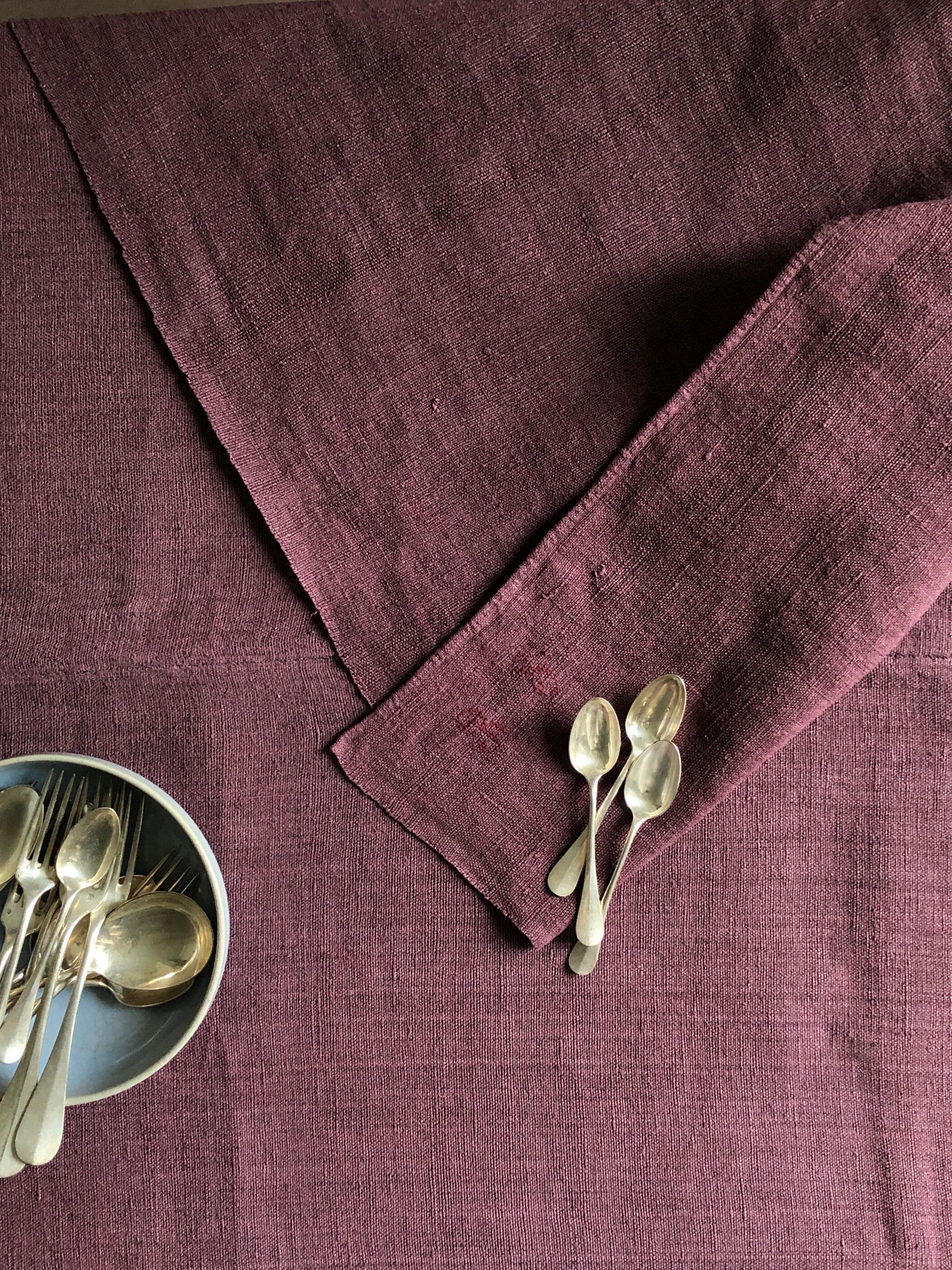 Old harvest tablecloth in pure hemp tinted with eggplant