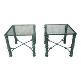 Pair of verdigris metal and glass side tables