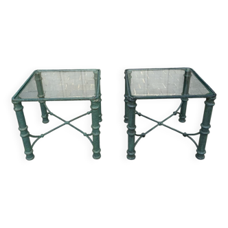 Pair of verdigris metal and glass side tables