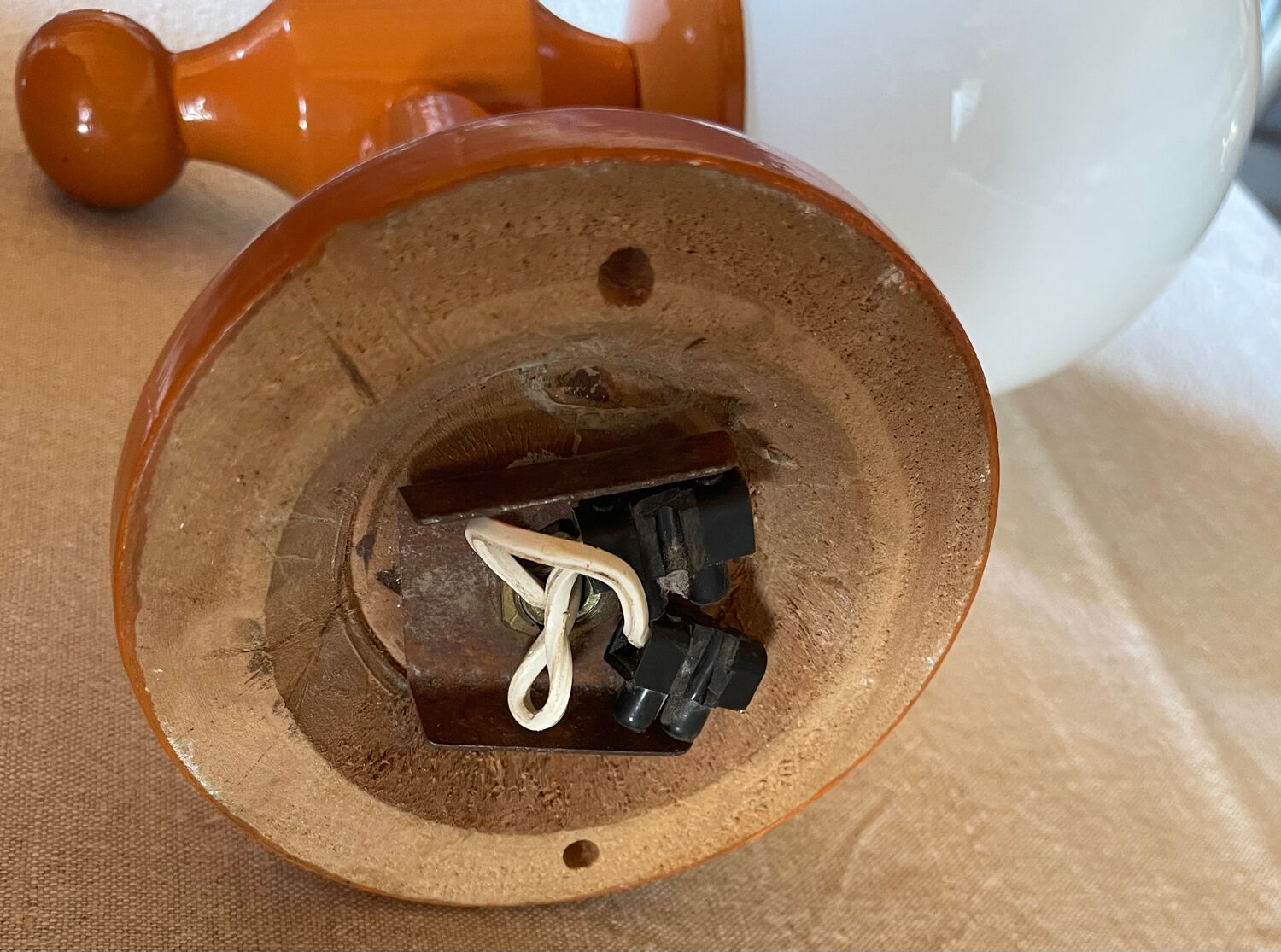 Vintage wooden globe wall light in white glass