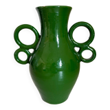 Handmade green ceramic amphora vase with large circular handles
