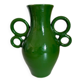 Handmade green ceramic amphora vase with large circular handles