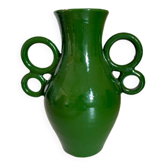 Handmade green ceramic amphora vase with large circular handles