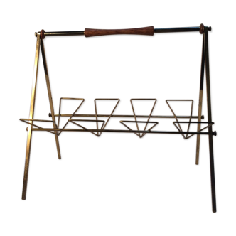 Vintage magazines holder in gold metal, brass and solid wood - 50s/60s