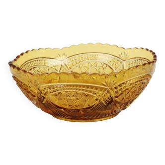 Vintage Art Deco Bolle Fruit Bowl Amber Pressed Glass Fait en Belgique