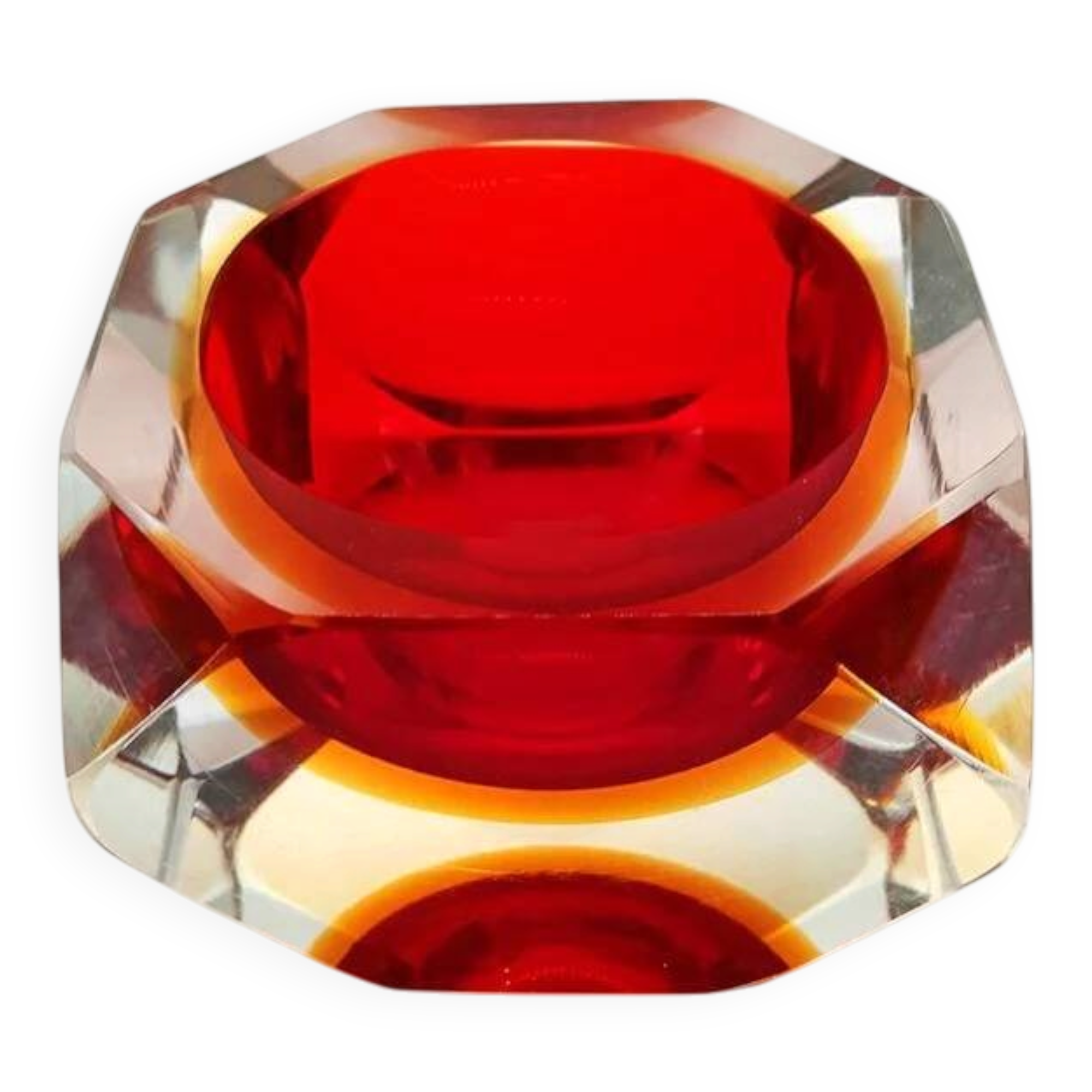 1960s square multifaceted ashtray or catch-all in Murano glass by Flavio Poli for Seguso. Made in Italy.