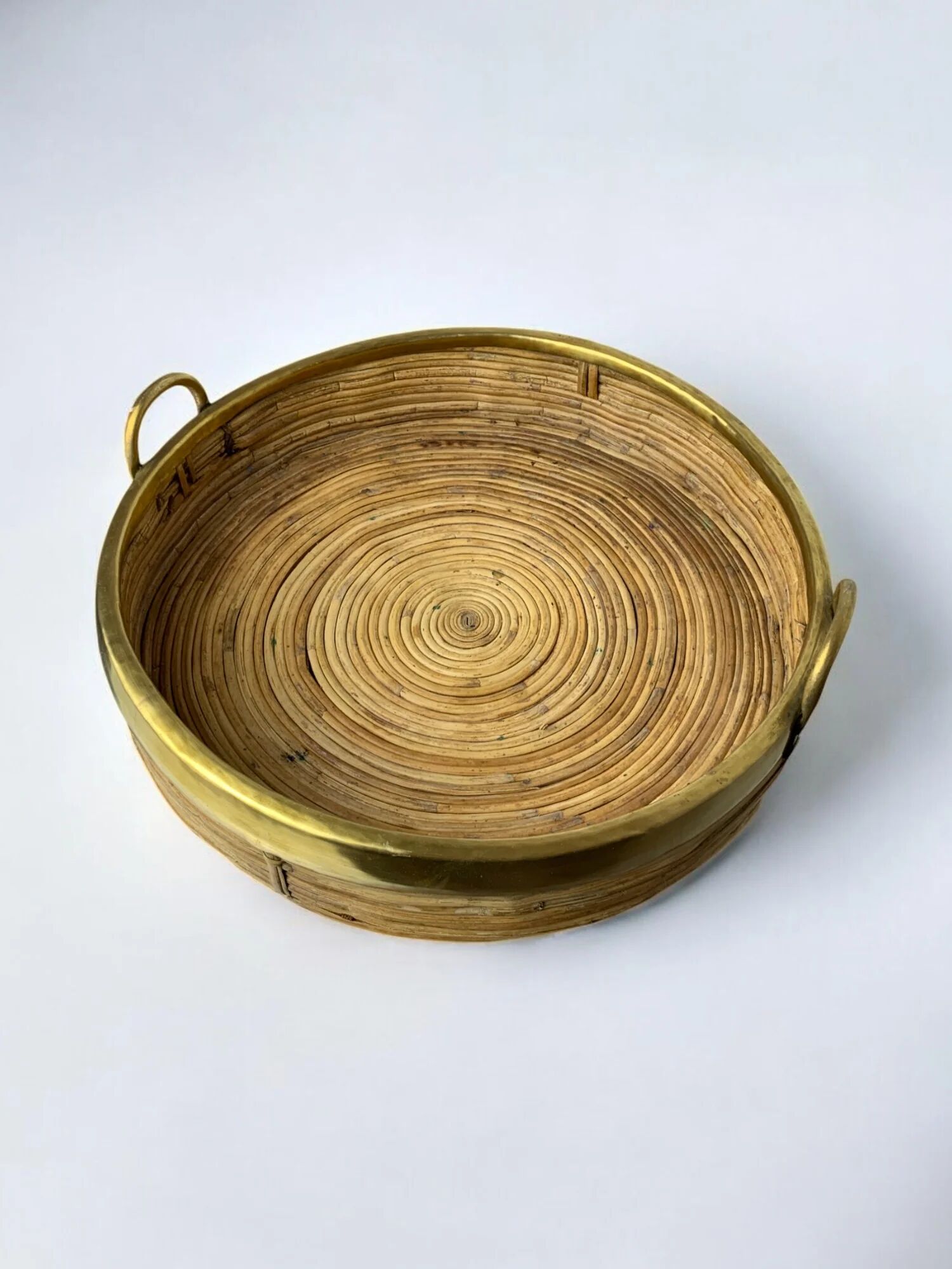 Circular rattan and brass tray, Italy, circa 1970s