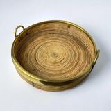 Circular rattan and brass tray, Italy, circa 1970s