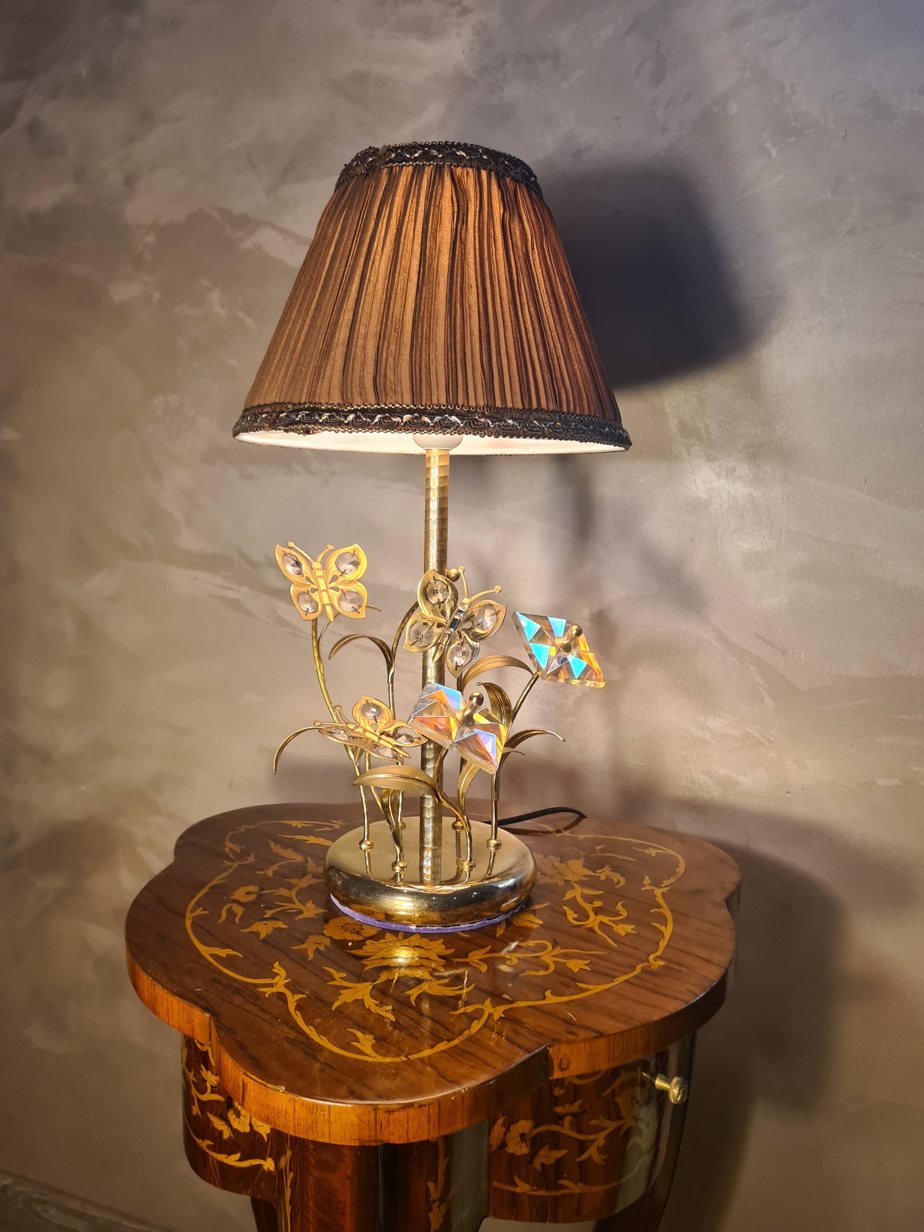 chrome or brass glass lamp, flower and butterfly 1975 to 80s pleated shade