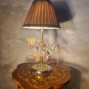 chrome or brass glass lamp, flower and butterfly 1975 to 80s pleated shade