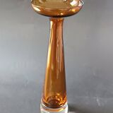 Two vintage Scandinavian double-layered amber blown glass candlesticks