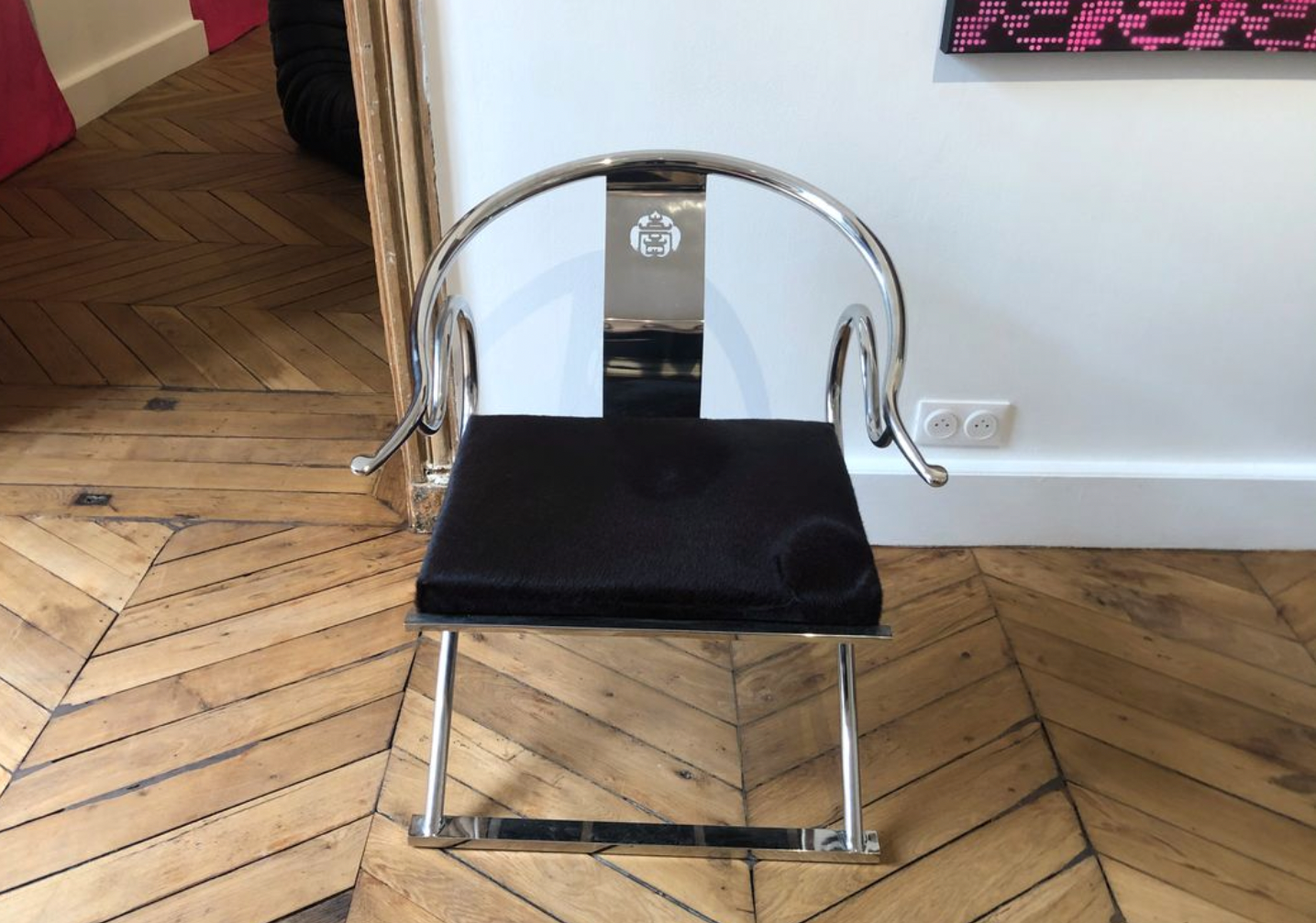 Contemporary design chrome chair inspired by Chinese traditionalism, calfskin upholstery