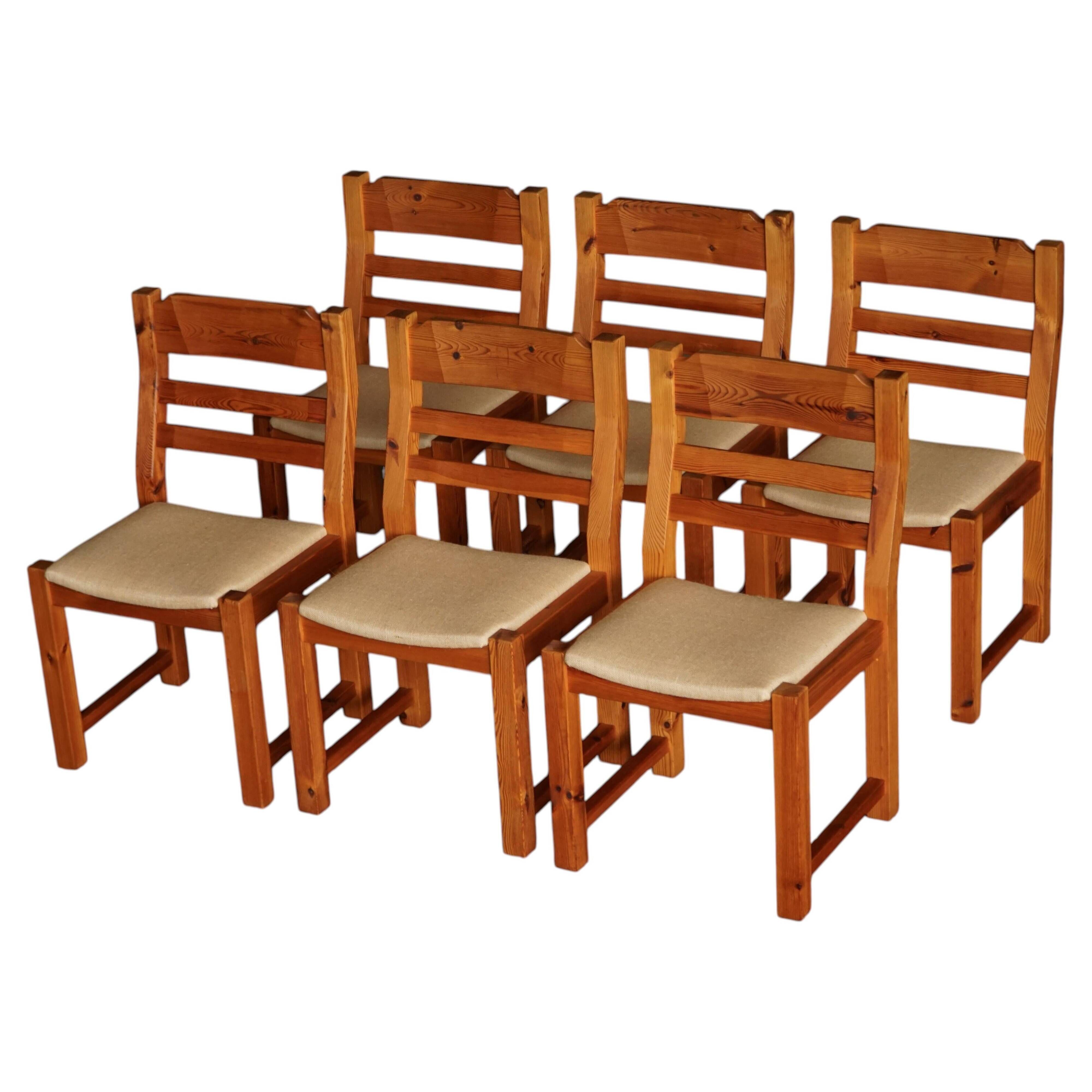 Set of 6 brutalist pine chairs, Hans Frydendal, Danish modernism, 1970s.