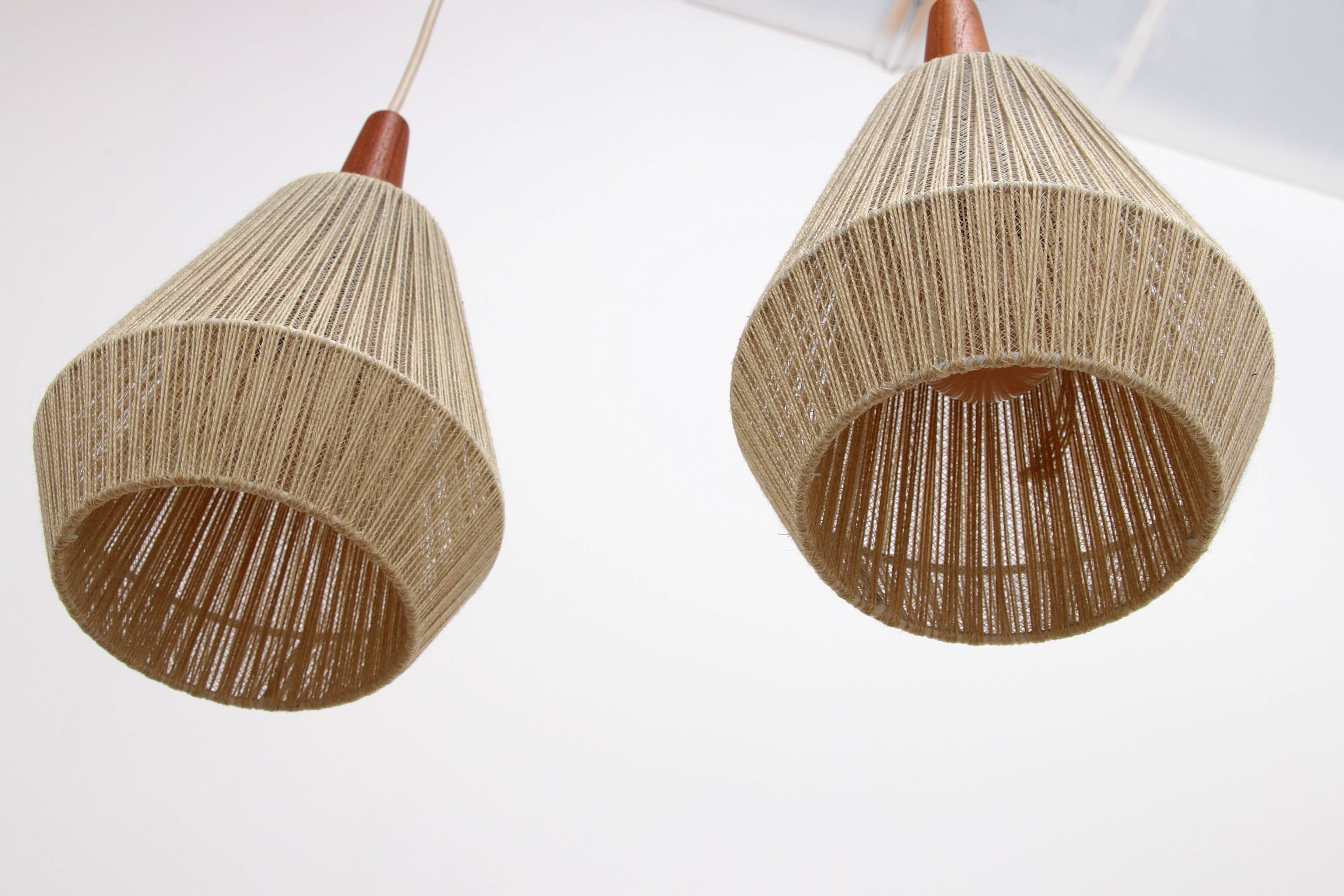 Vintage hanging lamp with two shades and teak, 1960s Sweden