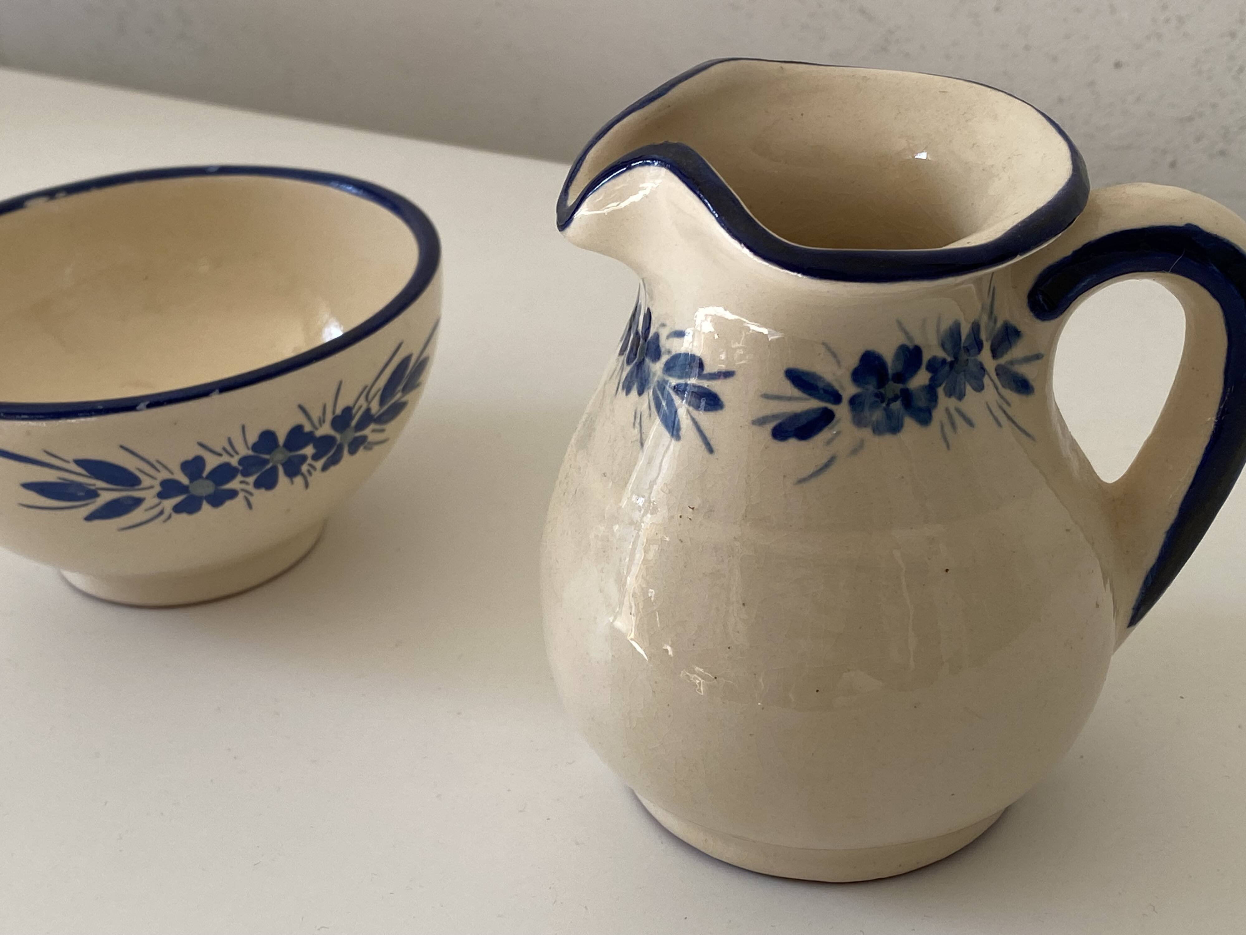 Handcrafted ceramic pitcher and bowl signed – blue decor – vintage tableware