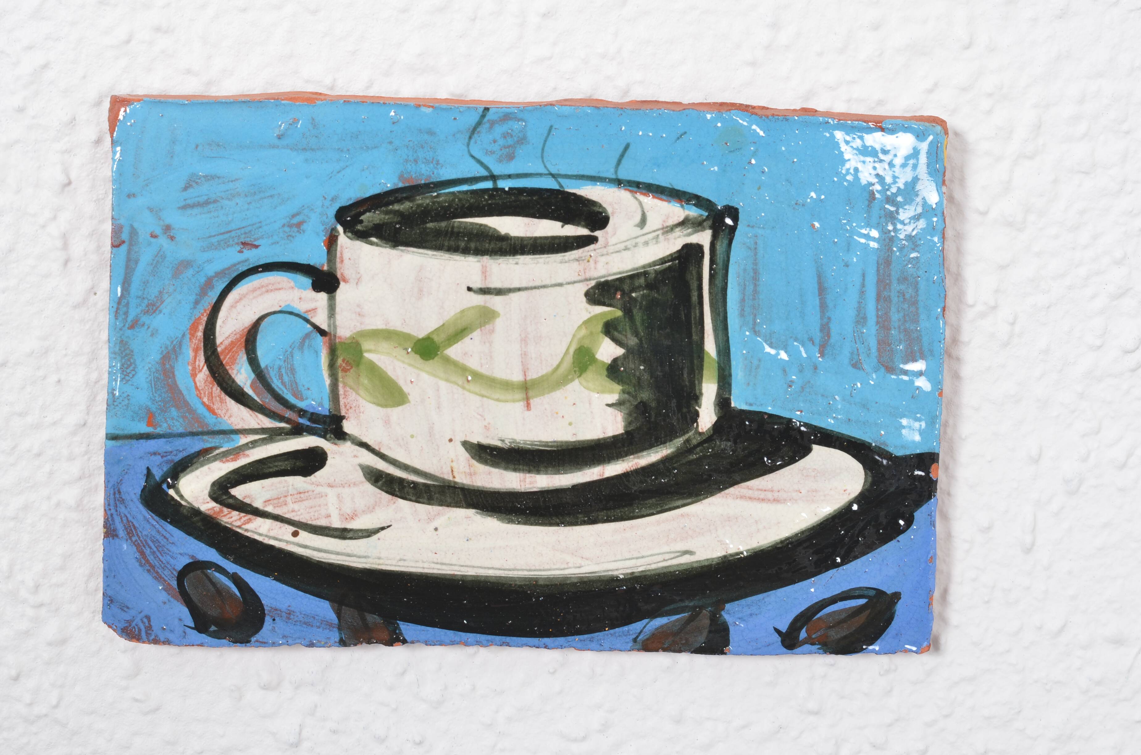 Painted terracotta tile, coffee cup