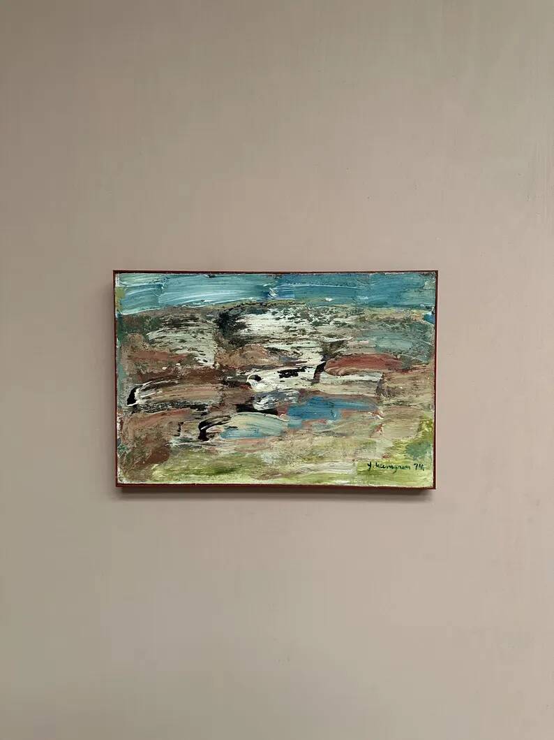 Huile sur toile originale suédoise - 'Komposition' par Yngve Werngren - Signée et datée 1974 - Vintage et encadrée - 53 × 36 cm (20,9" × 14,2")