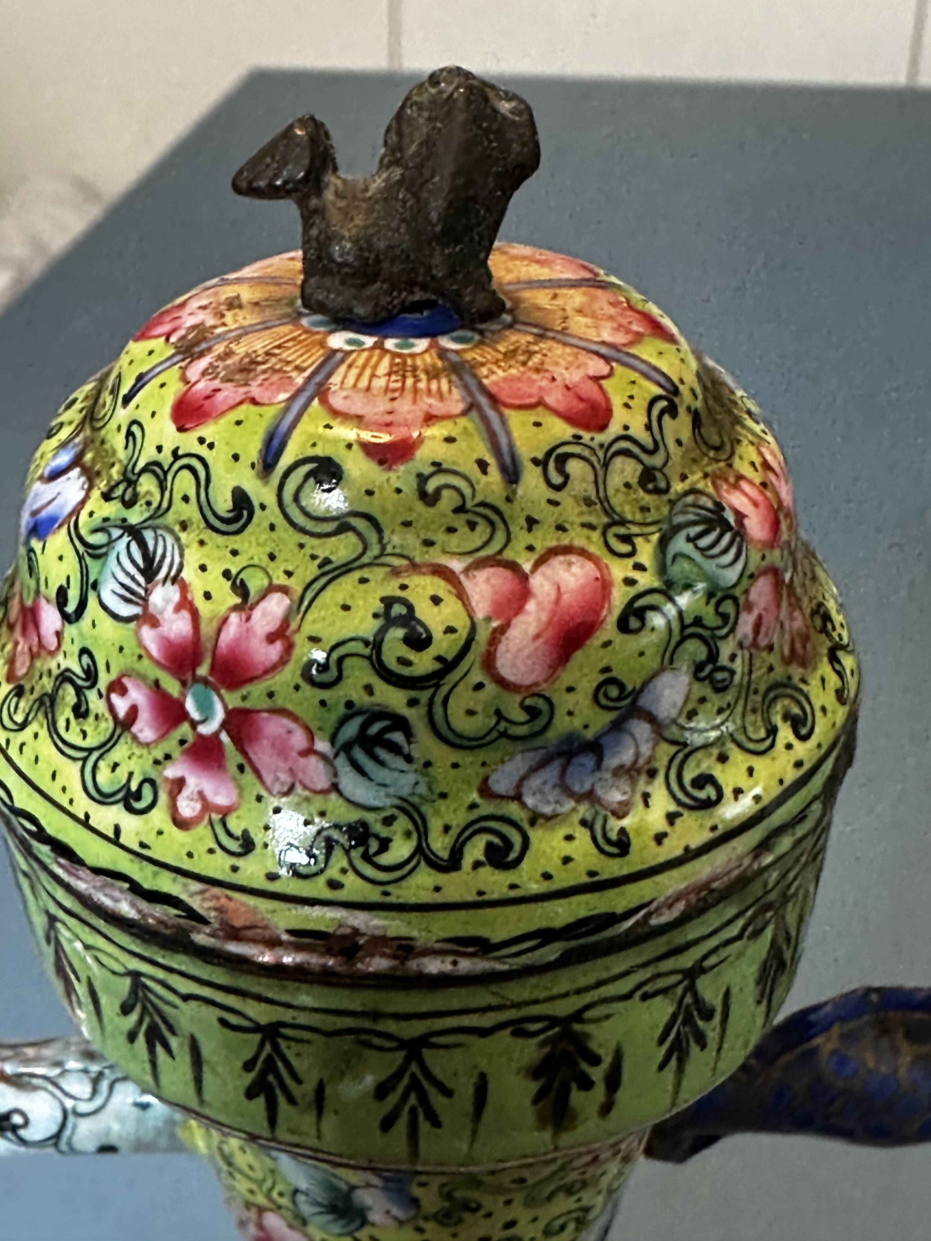 Chinese ewer in painted enamel on copper – floral decoration - Canton 18