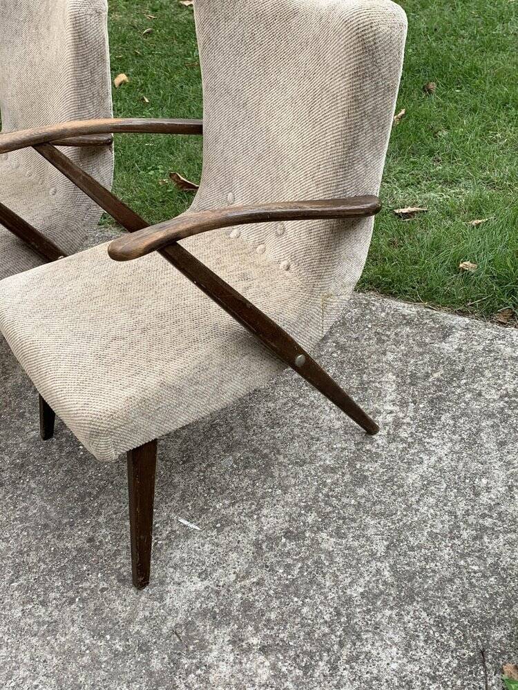Art Deco set 1940 - 2 bridge chairs and a brown stool, wood and fabric.