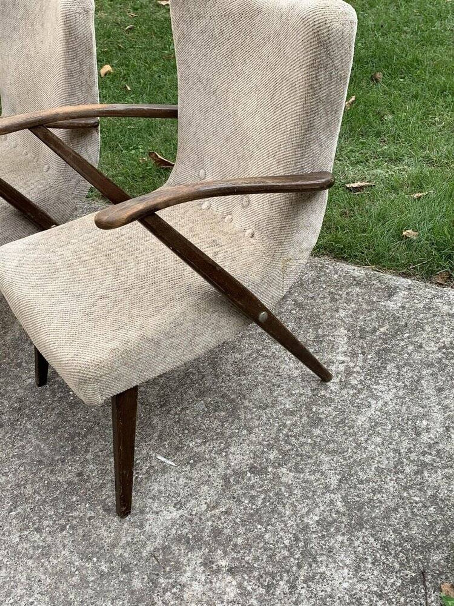 Art Deco set 1940 - 2 bridge chairs and a brown stool, wood and fabric.